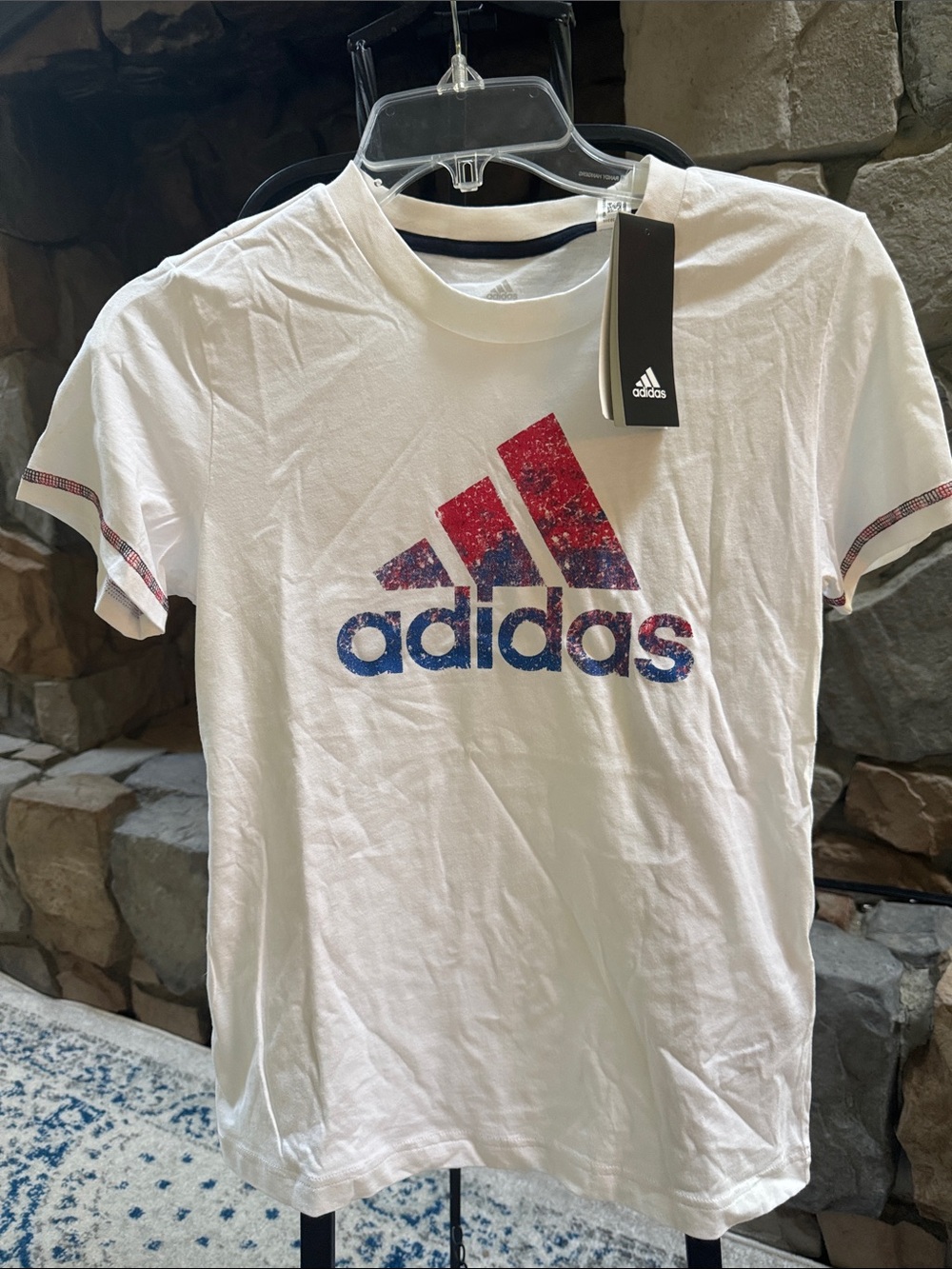 adidas White Short-Sleeve Tee with Red & Blue Logo